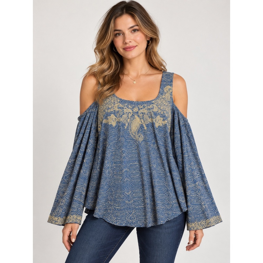 Lucky Brand Blue Embroidered Cold Shoulder Paisley Geometric Print Top Medium